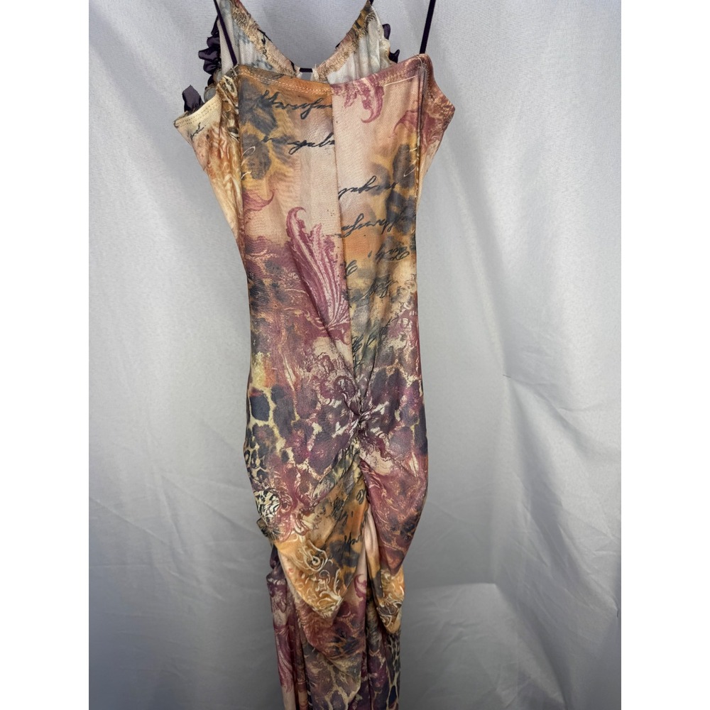 Vintage Mesh Maxi Dress Leopard Floral Script Print Ruffle Trim Bodycon Brown - Picture 8 of 13